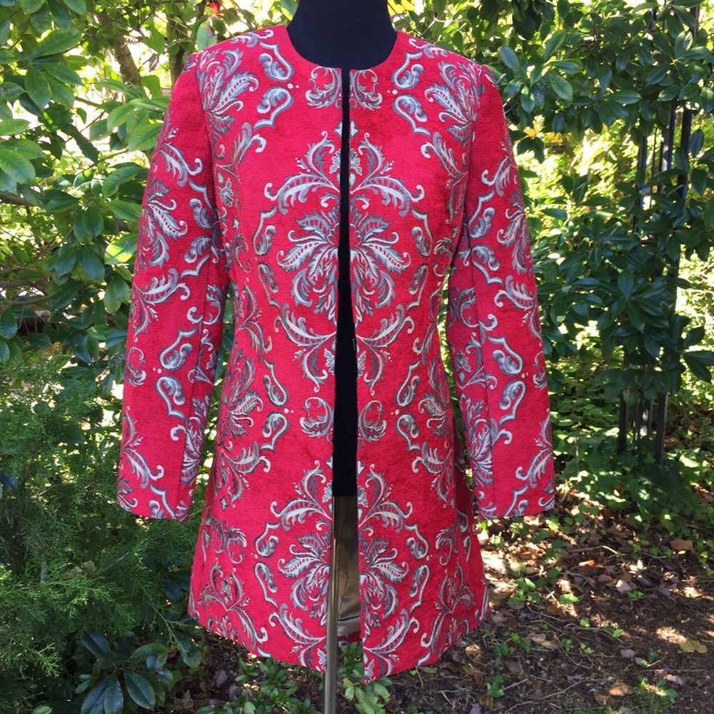 Susan Graver red tapestry duster blazer coat 8
